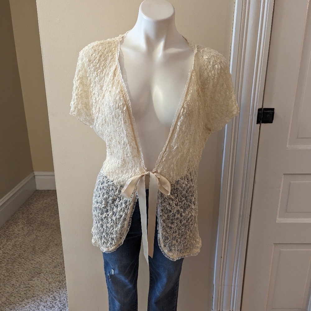 INC International Concepts cream sheer lace top with satin tie size XL